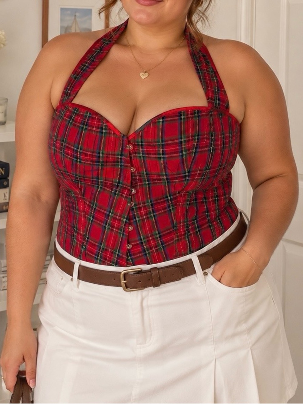 Daisy Corsets Red Plaid Halter Corset Top Thong Set Lace-Up Boned Plus Size 5XL